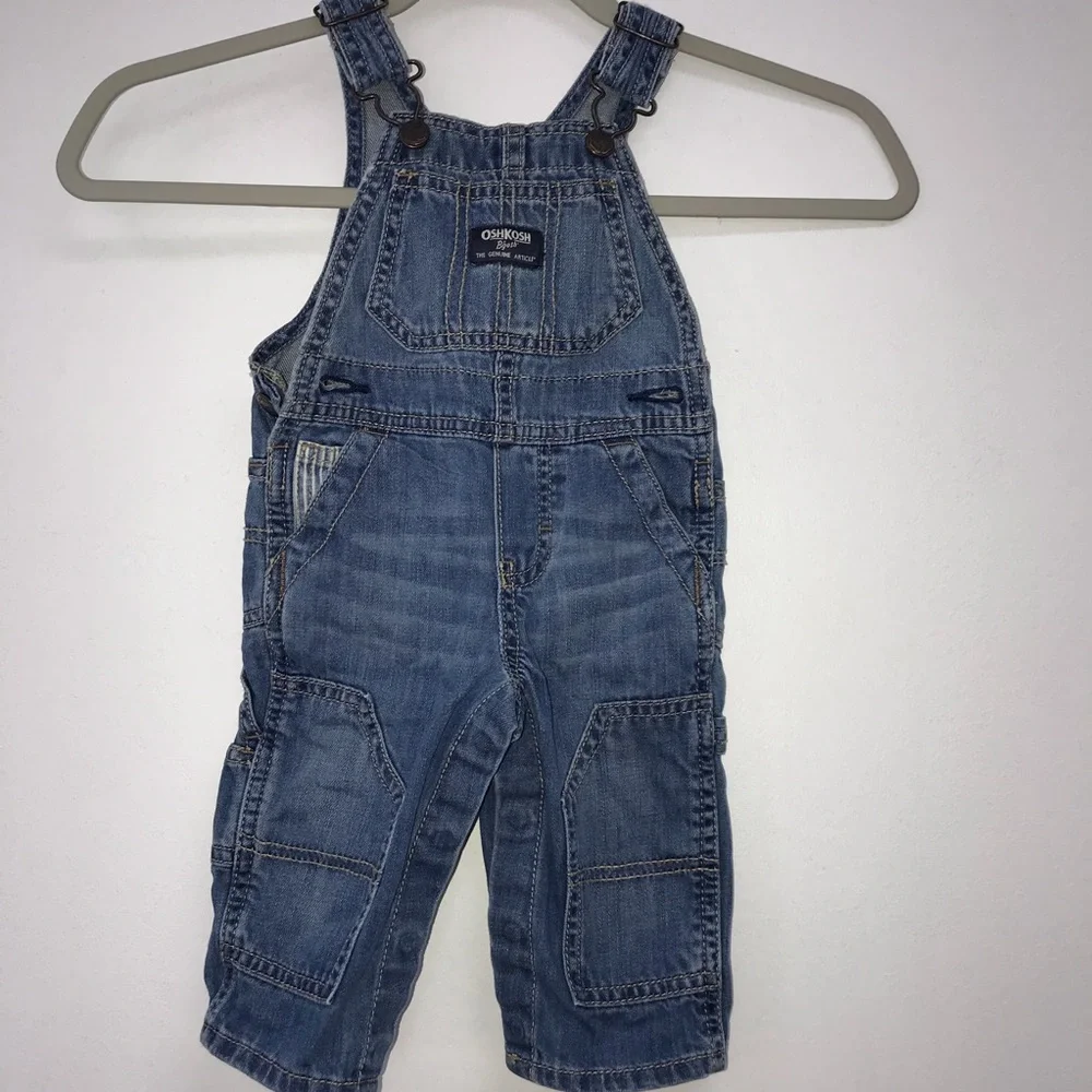 6M Baby Infant Oshkosh Bgosh Osh Kosh Overalls Denim w/ Stripe Pocket Detail